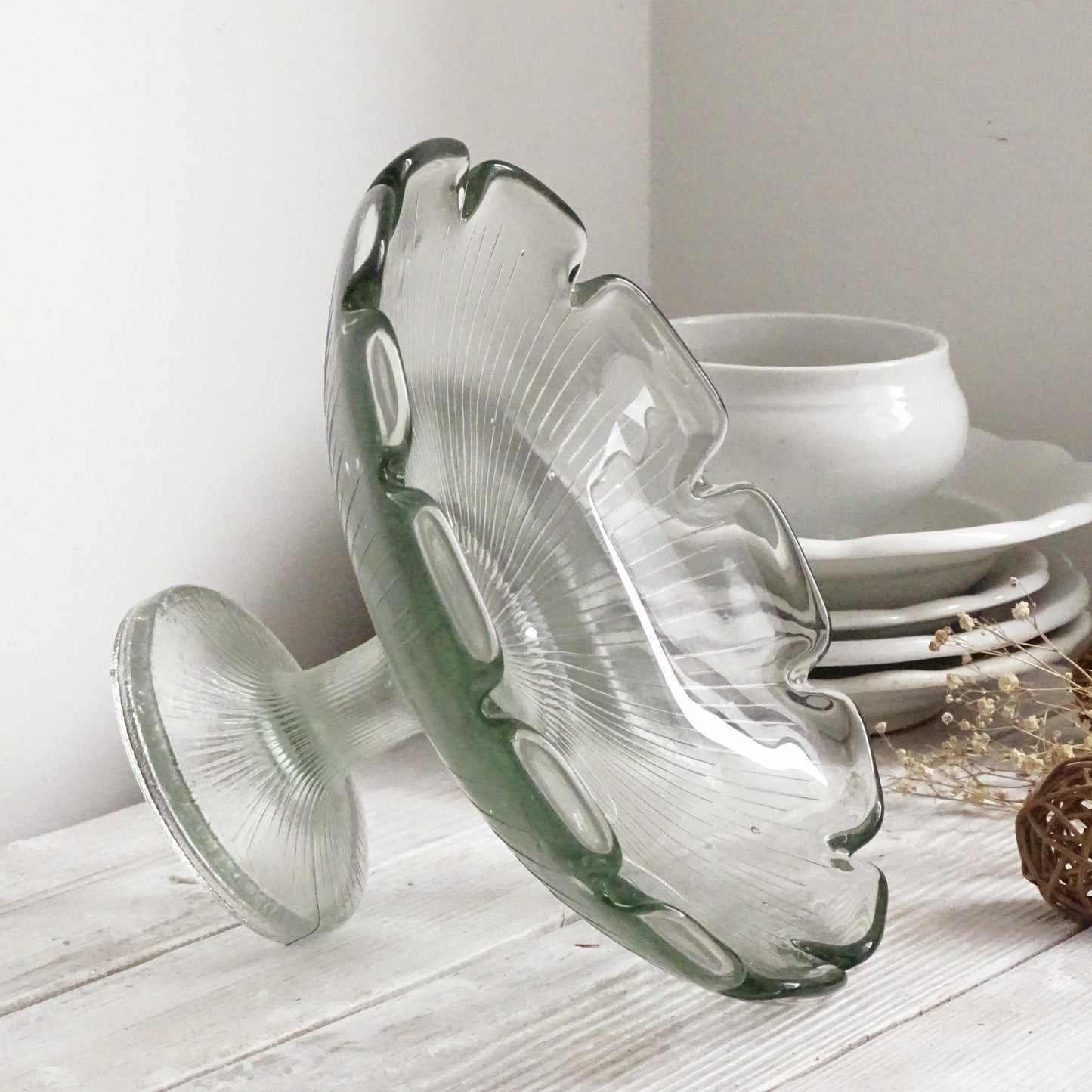 Antique Green Glass Pedestal Bowl with Scallops, Cake Stand, Compote, Centerpiece or Fruit Bowl