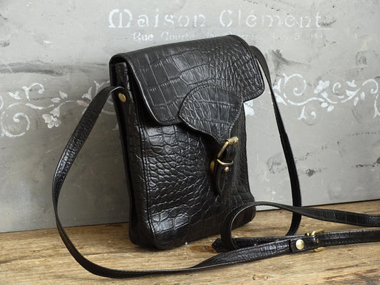 Black Leather Crossbody Purse: Embossed Italian Satchel Bag