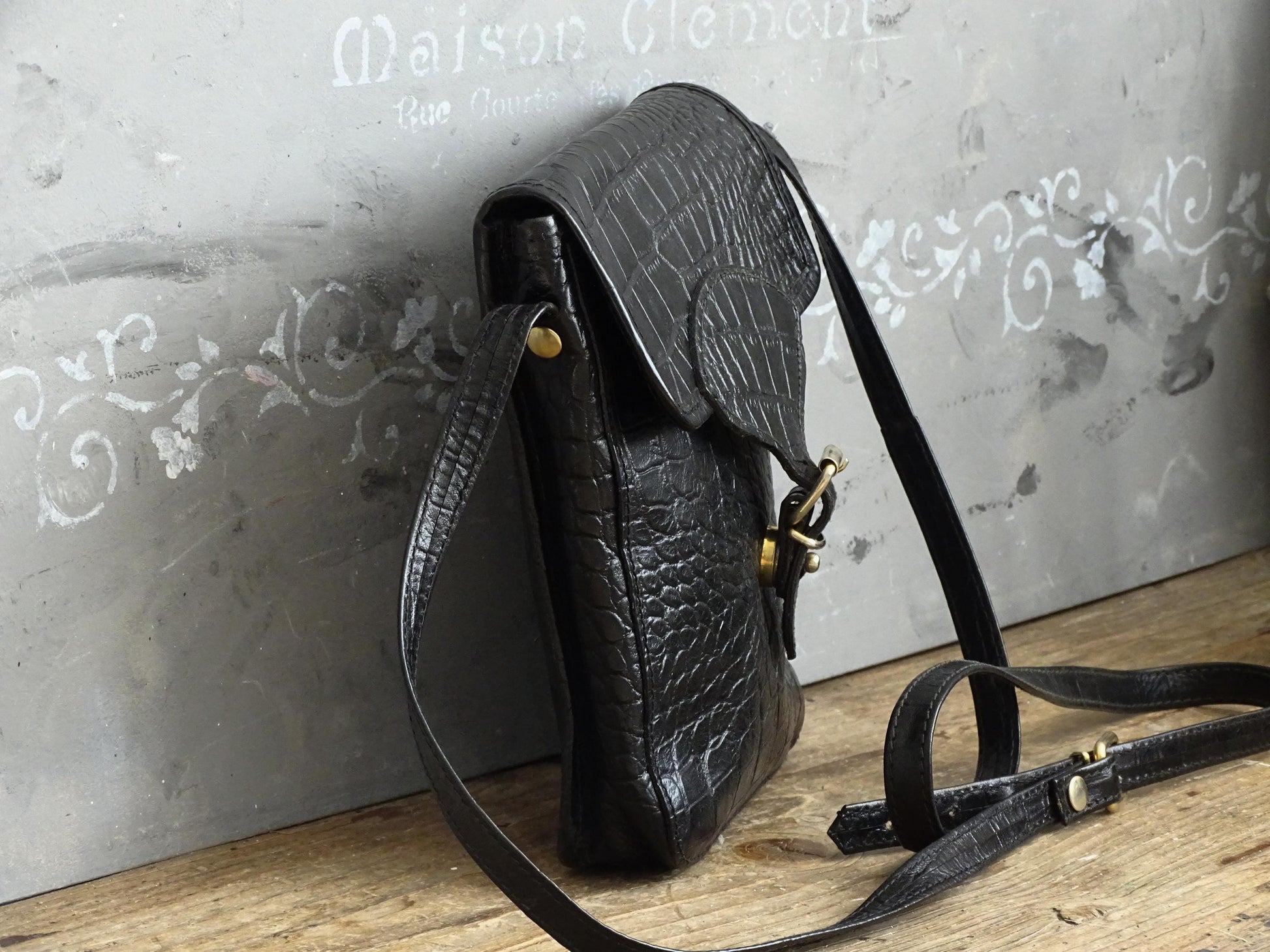 Black Leather Crossbody Purse: Embossed Italian Satchel Bag