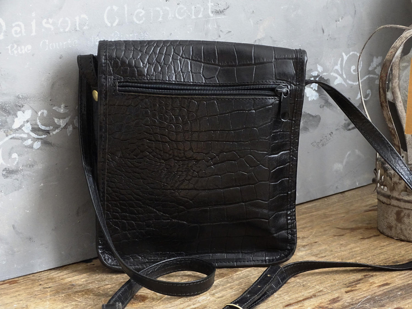 Black Leather Crossbody Purse: Embossed Italian Satchel Bag