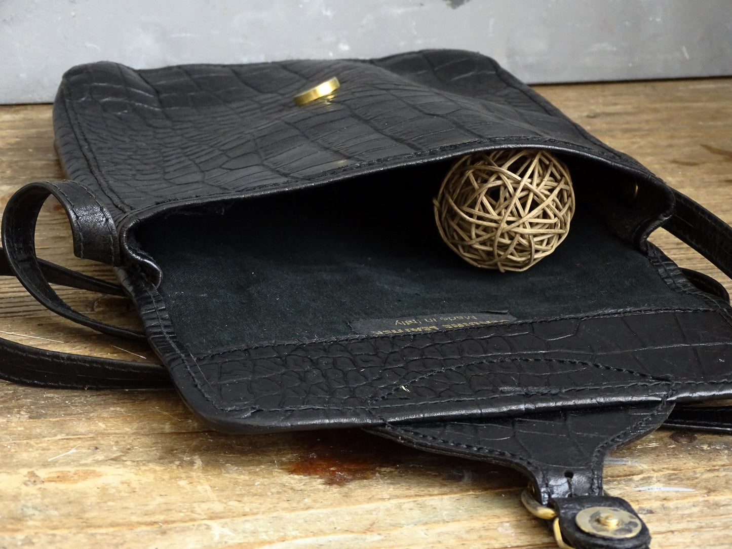 Black Leather Crossbody Purse: Embossed Italian Satchel Bag