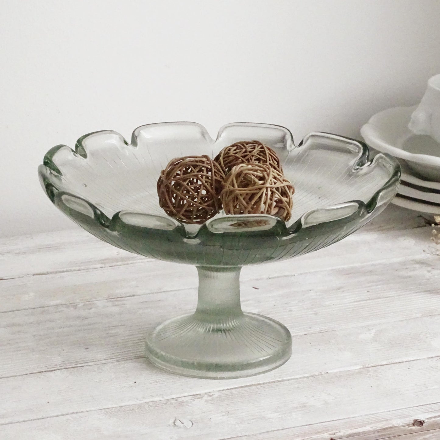 Antique Green Glass Pedestal Bowl with Scallops, Cake Stand, Compote, Centerpiece or Fruit Bowl