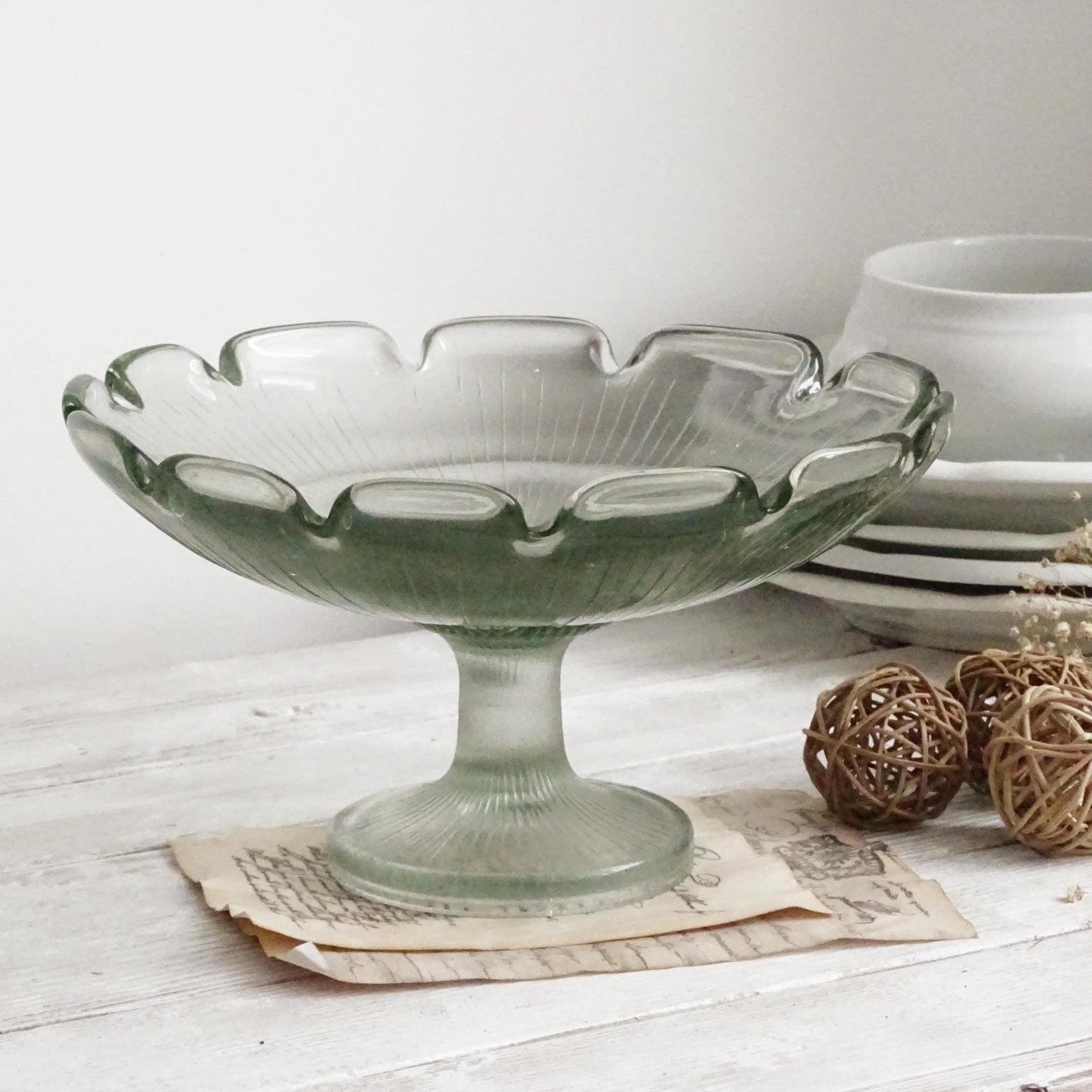 Antique Green Glass Pedestal Bowl with Scallops, Cake Stand, Compote, Centerpiece or Fruit Bowl