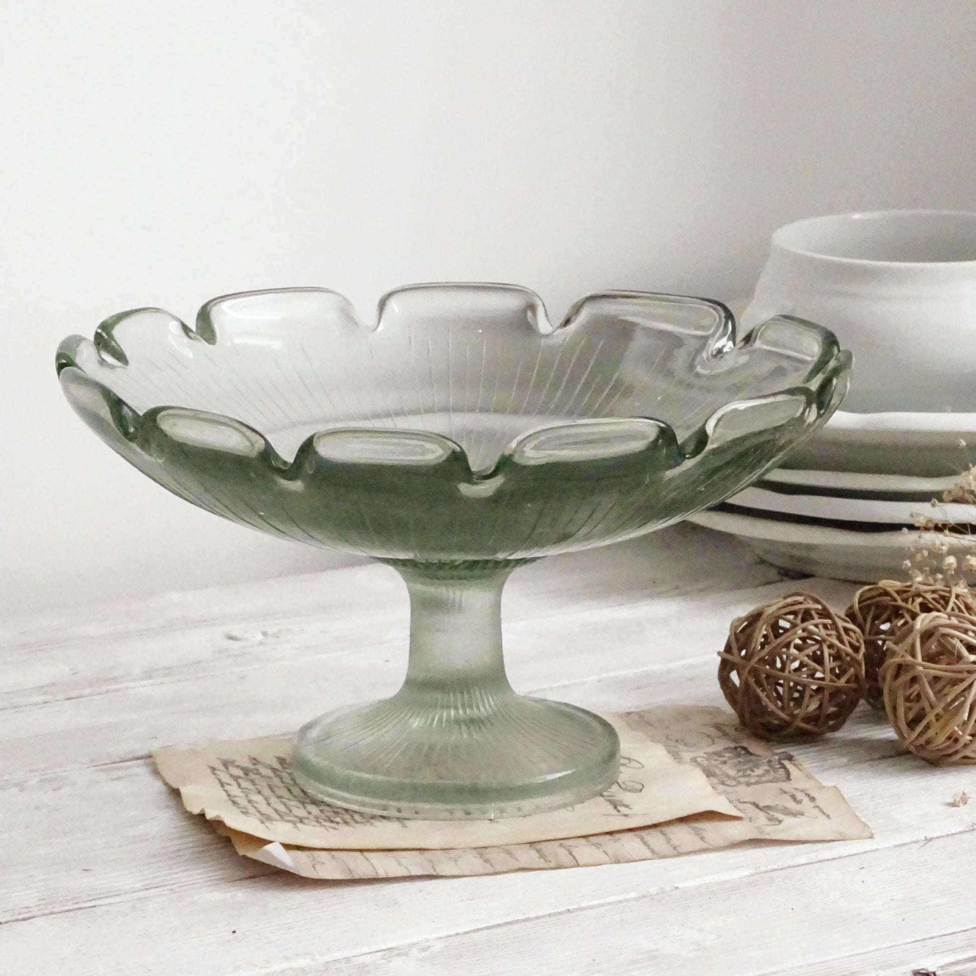 Antique Green Glass Pedestal Bowl with Scallops, Cake Stand, Compote, Centerpiece or Fruit Bowl