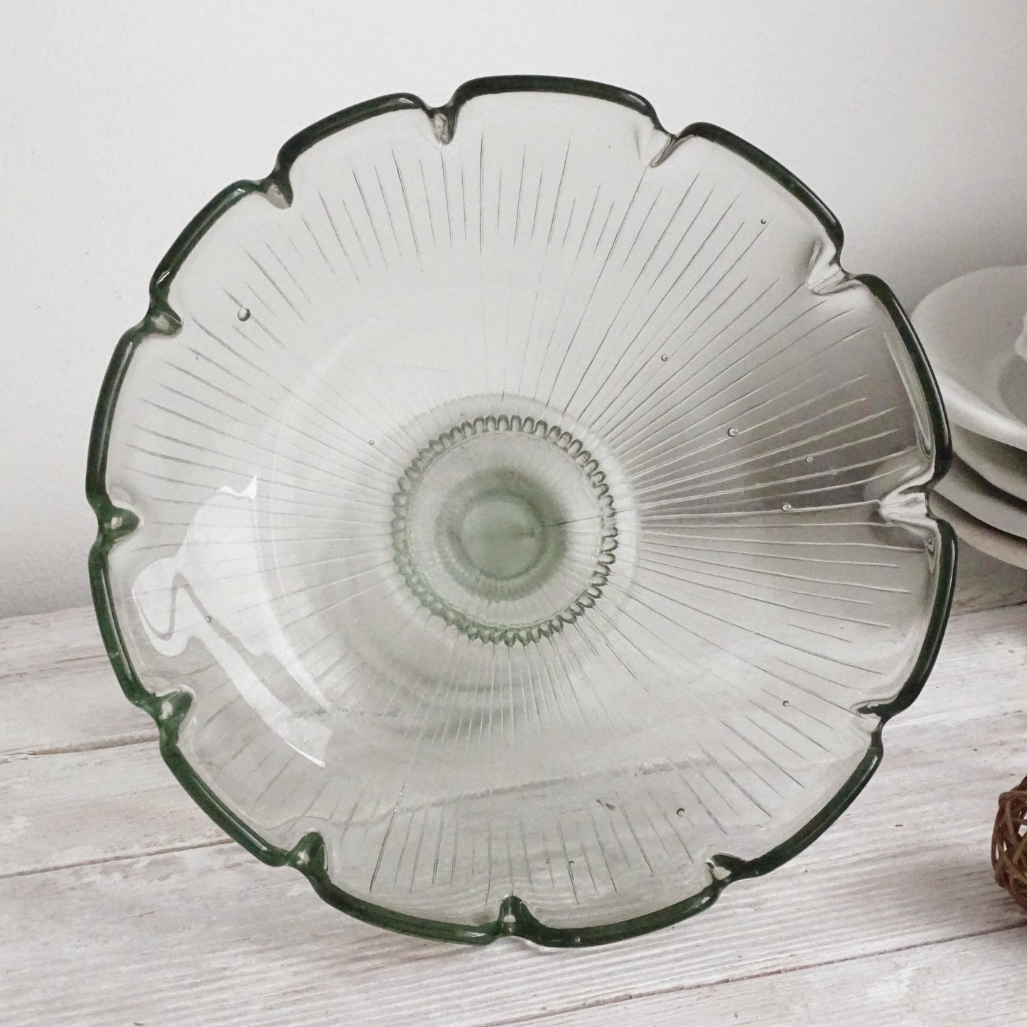 Antique Green Glass Pedestal Bowl with Scallops, Cake Stand, Compote, Centerpiece or Fruit Bowl
