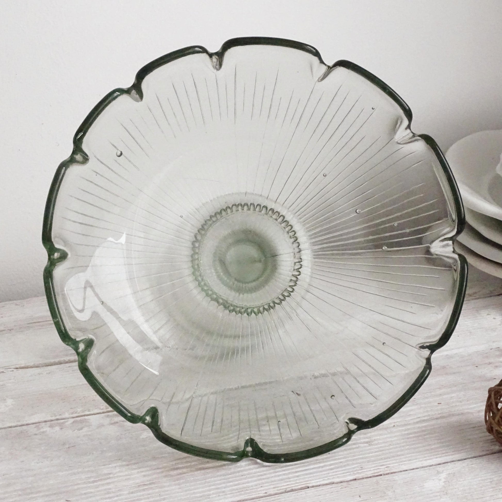 Antique Green Glass Pedestal Bowl with Scallops, Cake Stand, Compote, Centerpiece or Fruit Bowl