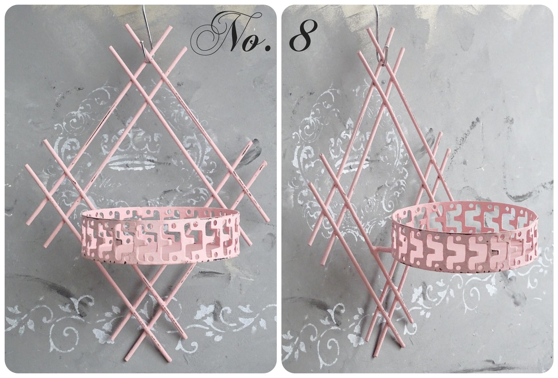 Pink Metal Wall Hanging Plant Pot Holder, Iron Sconce Planter Hanger, Pocket, Ornate Wall Candle Holder