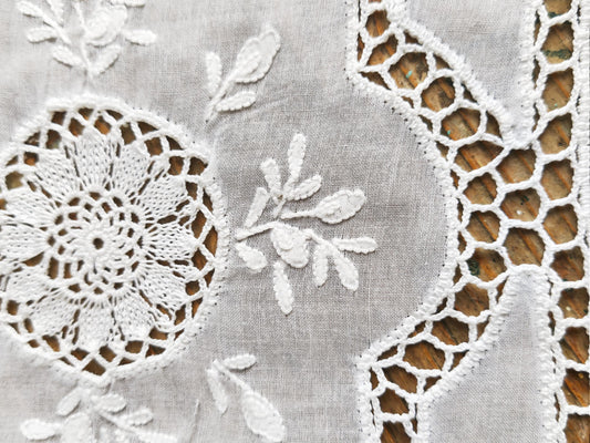Vintage Richelieu Lace Table Runner: White Floral Embroidery, 16.1 x 11.2"