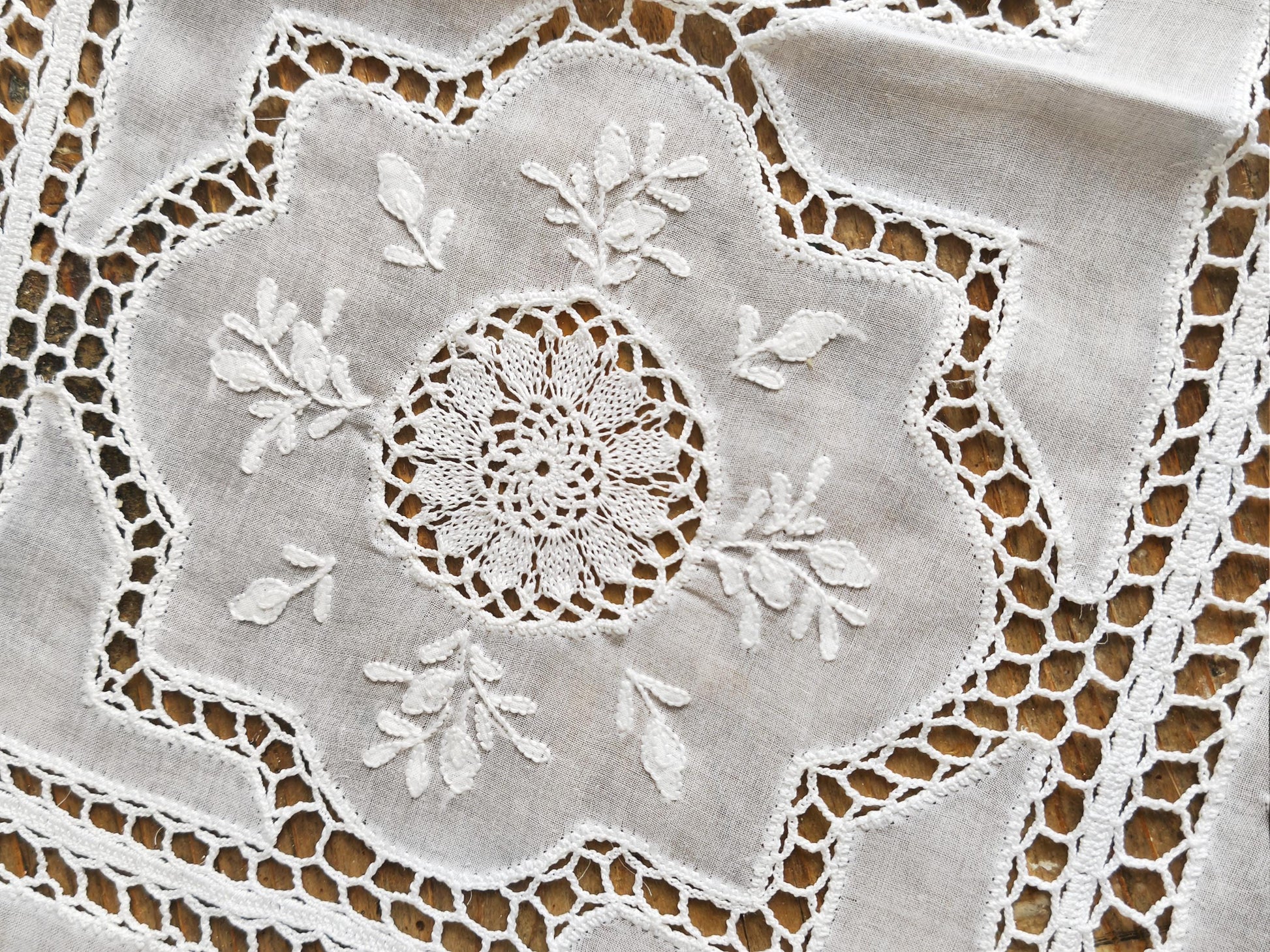 Vintage Richelieu Lace Table Runner: White Floral Embroidery, 16.1 x 11.2"
