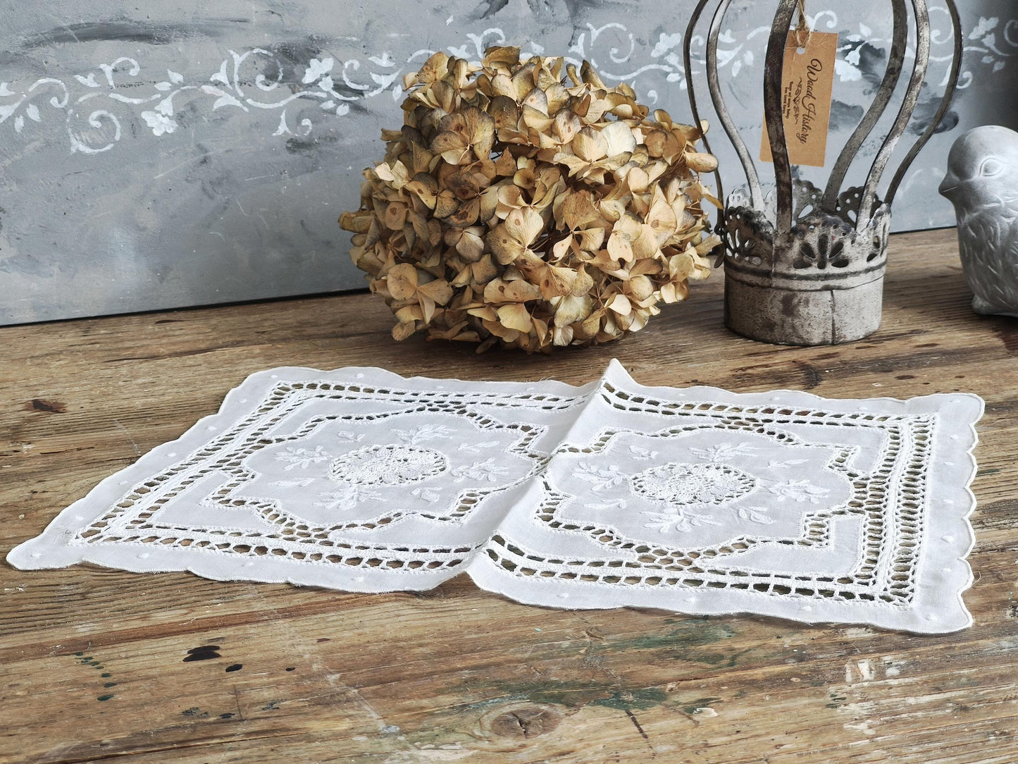 Vintage Richelieu Lace Table Runner: White Floral Embroidery, 16.1 x 11.2"