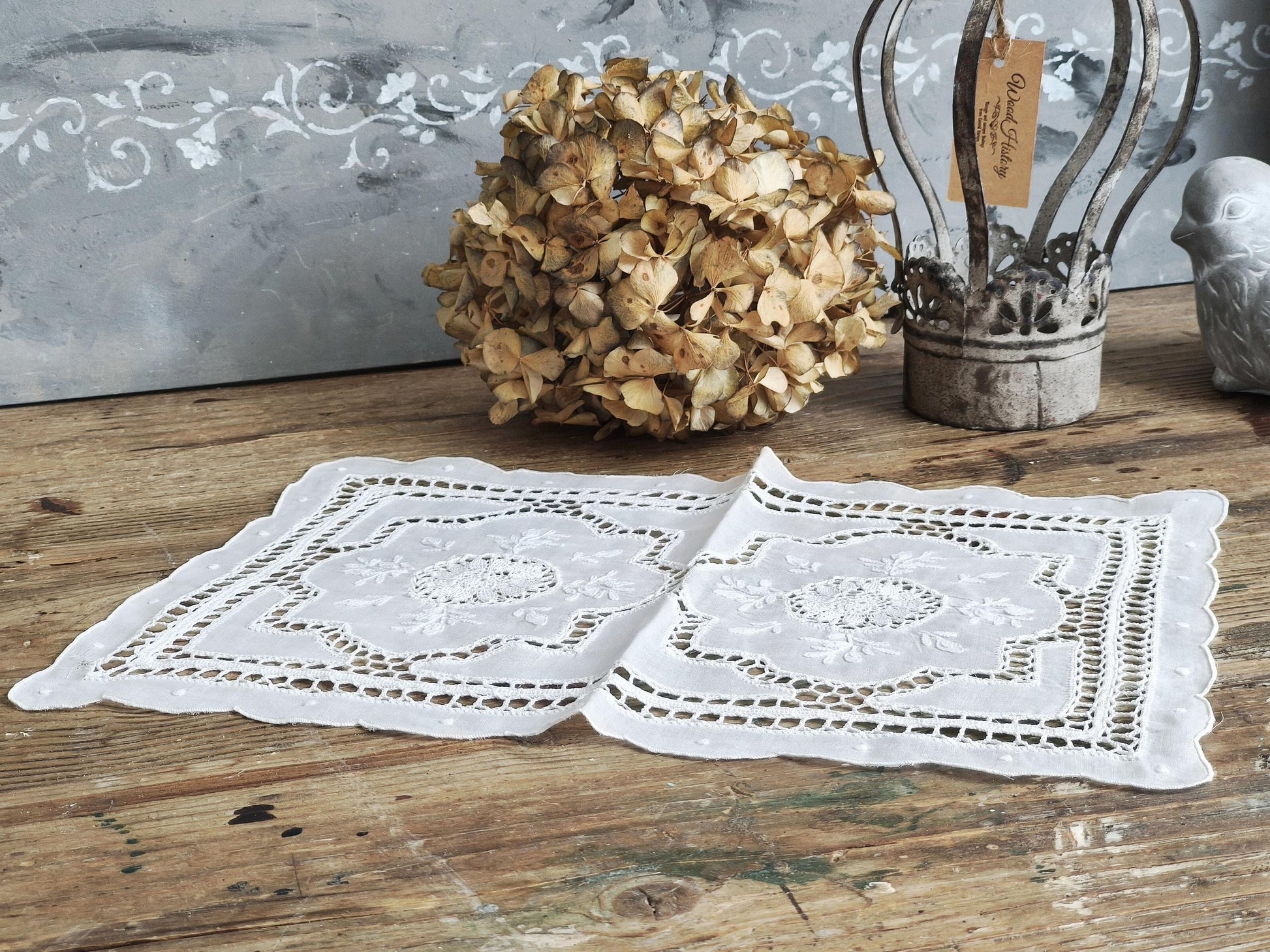 Vintage Richelieu Lace Table Runner: White Floral Embroidery, 16.1 x 11.2"