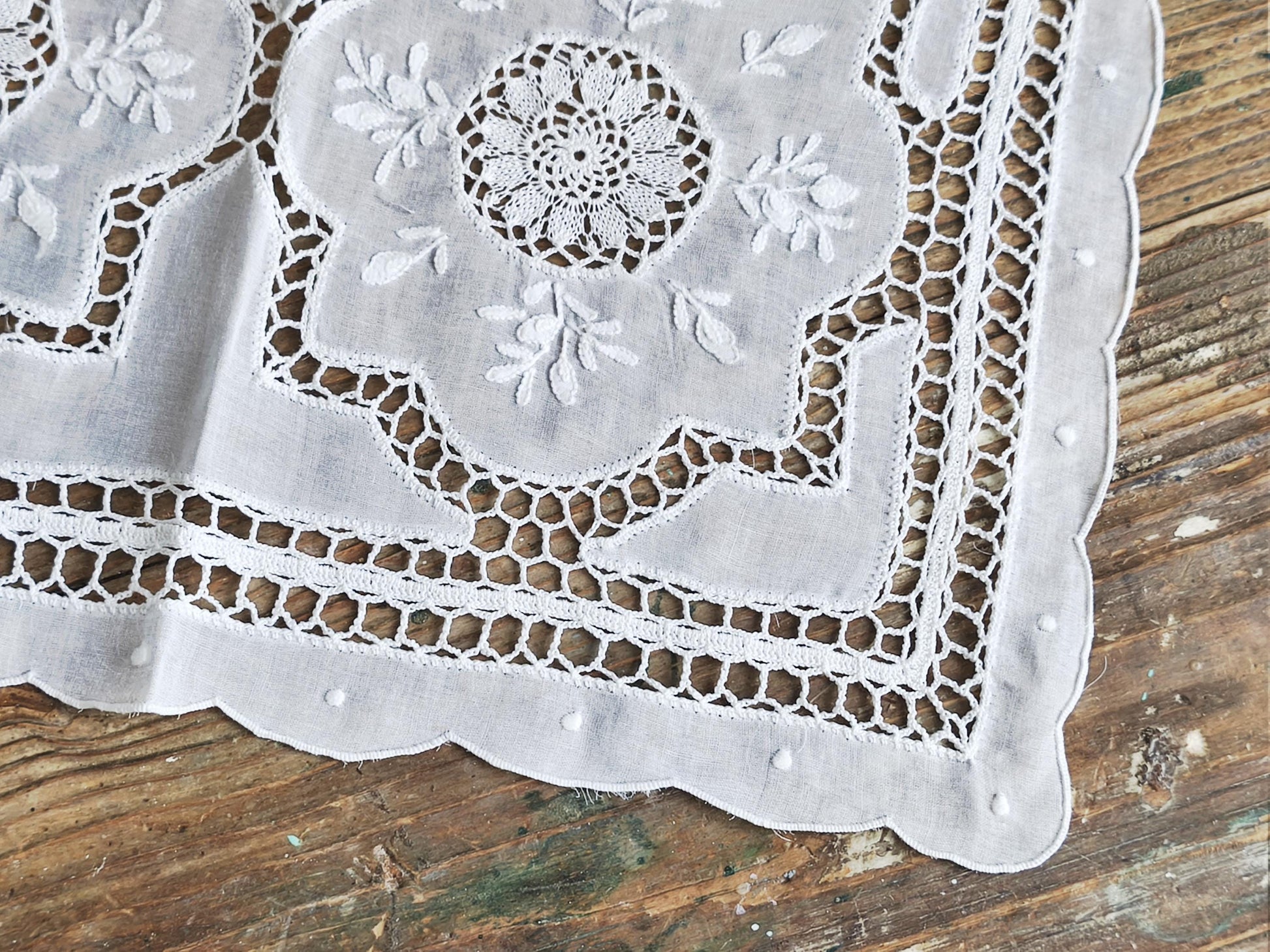 Vintage Richelieu Lace Table Runner: White Floral Embroidery, 16.1 x 11.2"