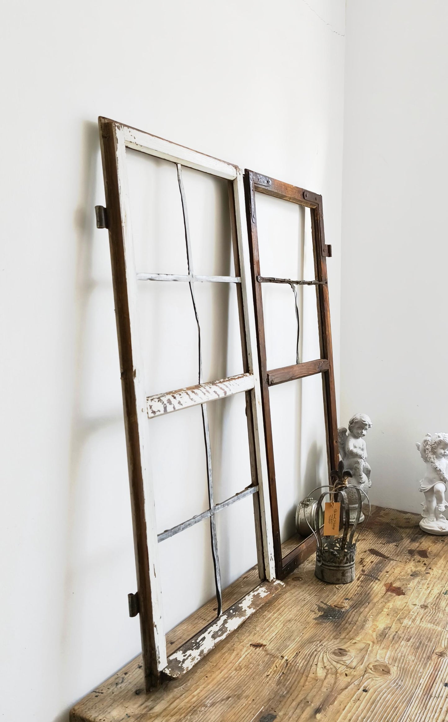 Antique 2-Pane Wood Window Frame: Modern Farmhouse Wall Decor