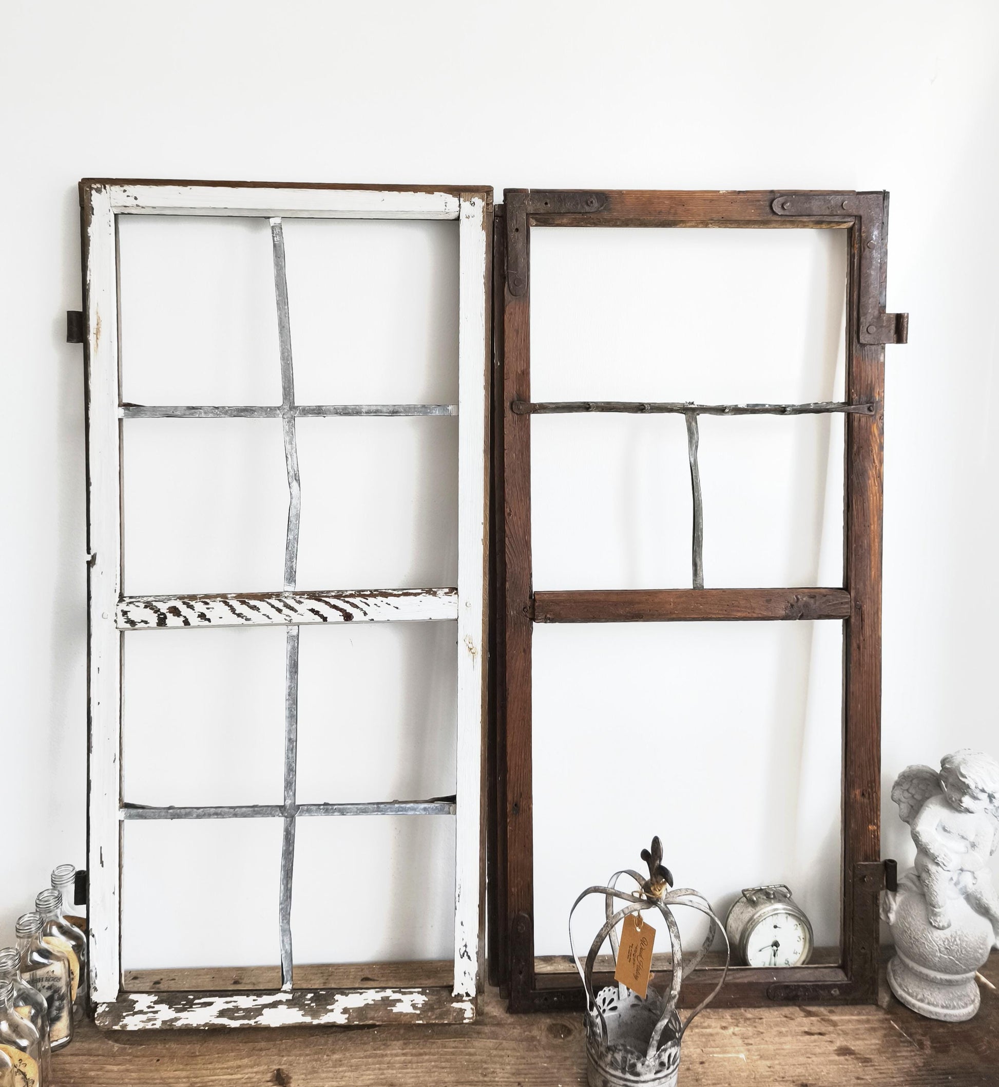 Antique 2-Pane Wood Window Frame: Modern Farmhouse Wall Decor