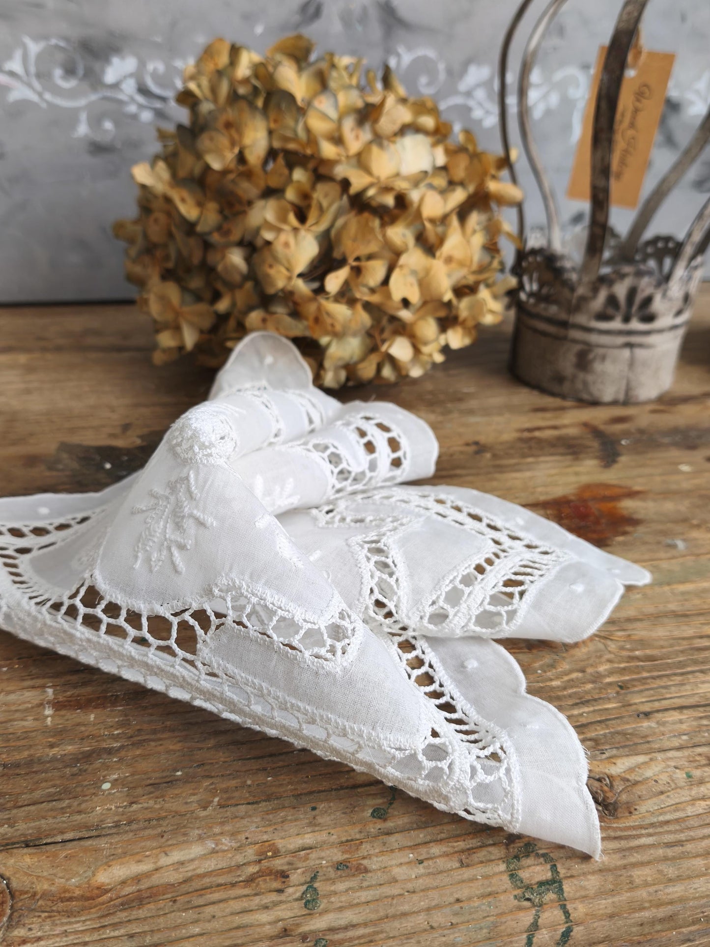 Vintage Richelieu Lace Table Runner: White Floral Embroidery, 16.1 x 11.2"