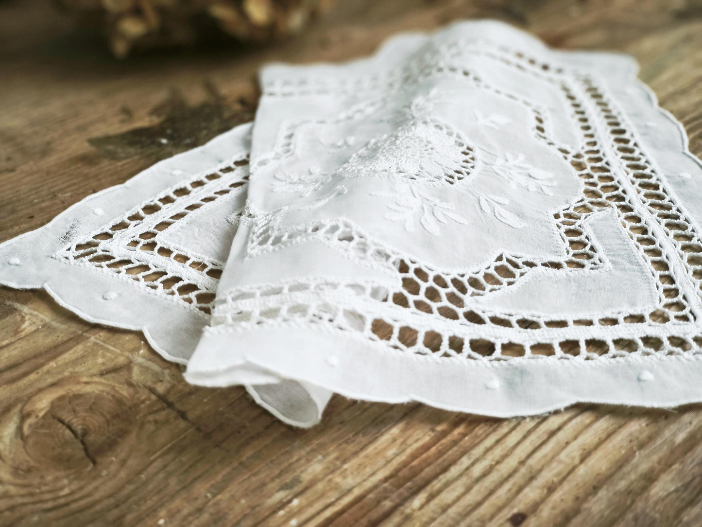 Vintage Richelieu Lace Table Runner: White Floral Embroidery, 16.1 x 11.2"
