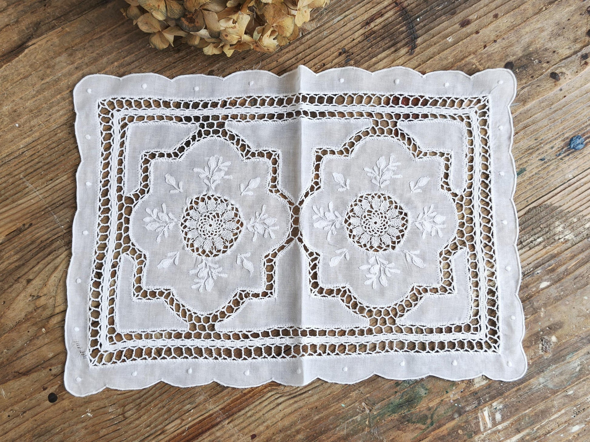 Vintage Richelieu Lace Table Runner: White Floral Embroidery, 16.1 x 11.2"
