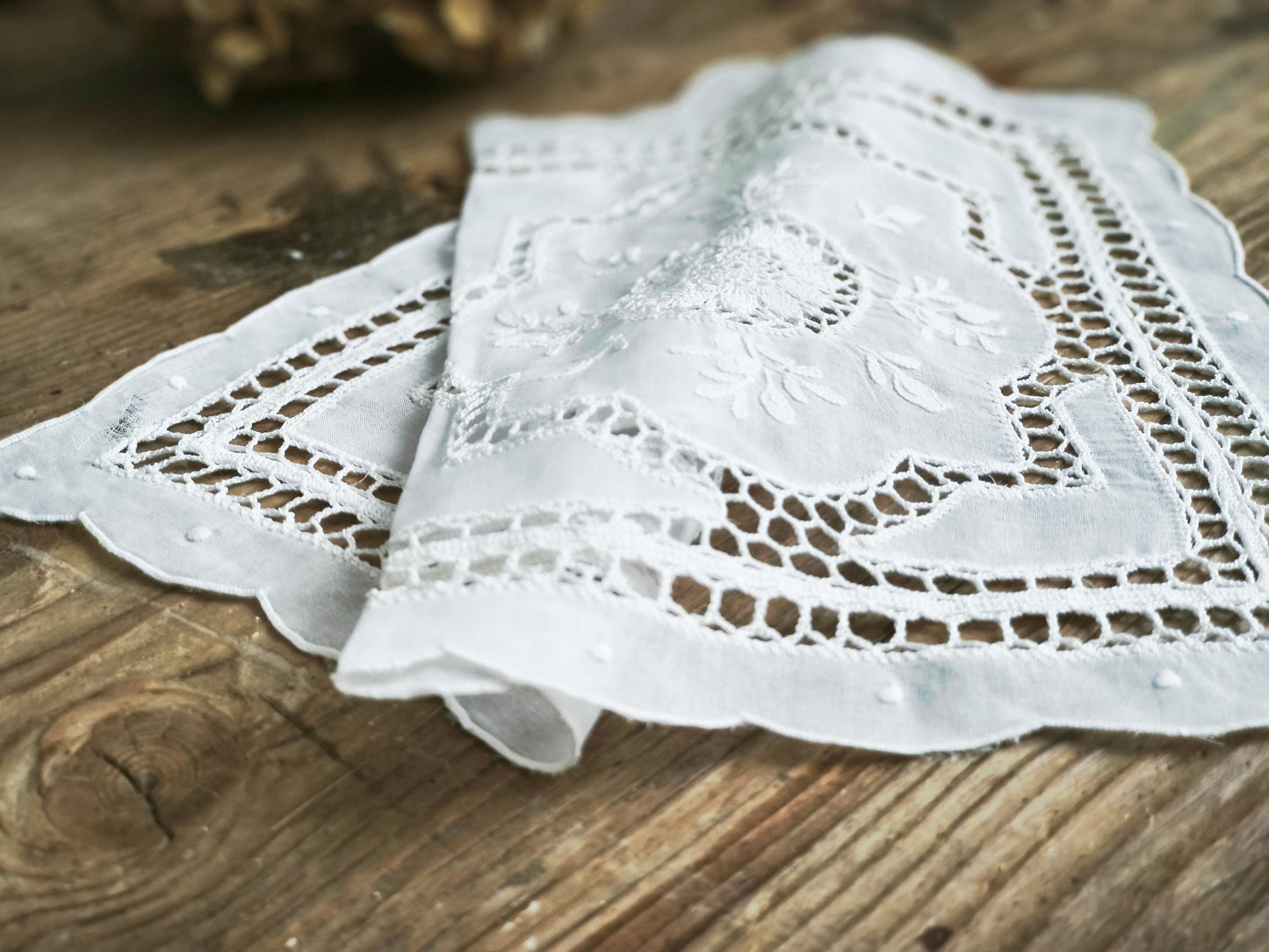 Vintage Richelieu Lace Table Runner: White Floral Embroidery, 16.1 x 11.2"