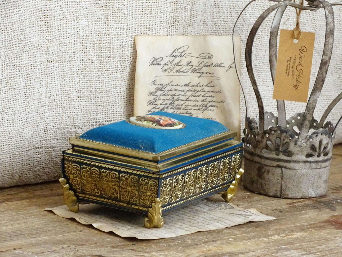 Gold Blue Tin Cameo Jewelry Box Velvet Lid, Ornate Ring Trinket Box, Small Decorative Tin Footed Box, Metal Jewelry Storage Box