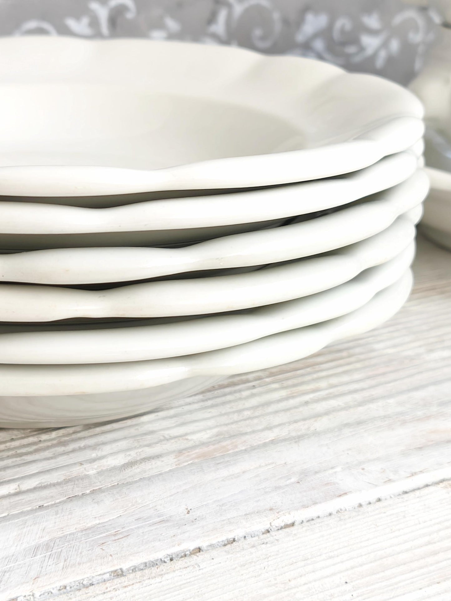 6 Antique Tea Stained Ironstone Soup Bowls or Set 4 Dinner Plates: Creamware Pasta Dish, Shallow Bowl, Cottagecore Kitchen