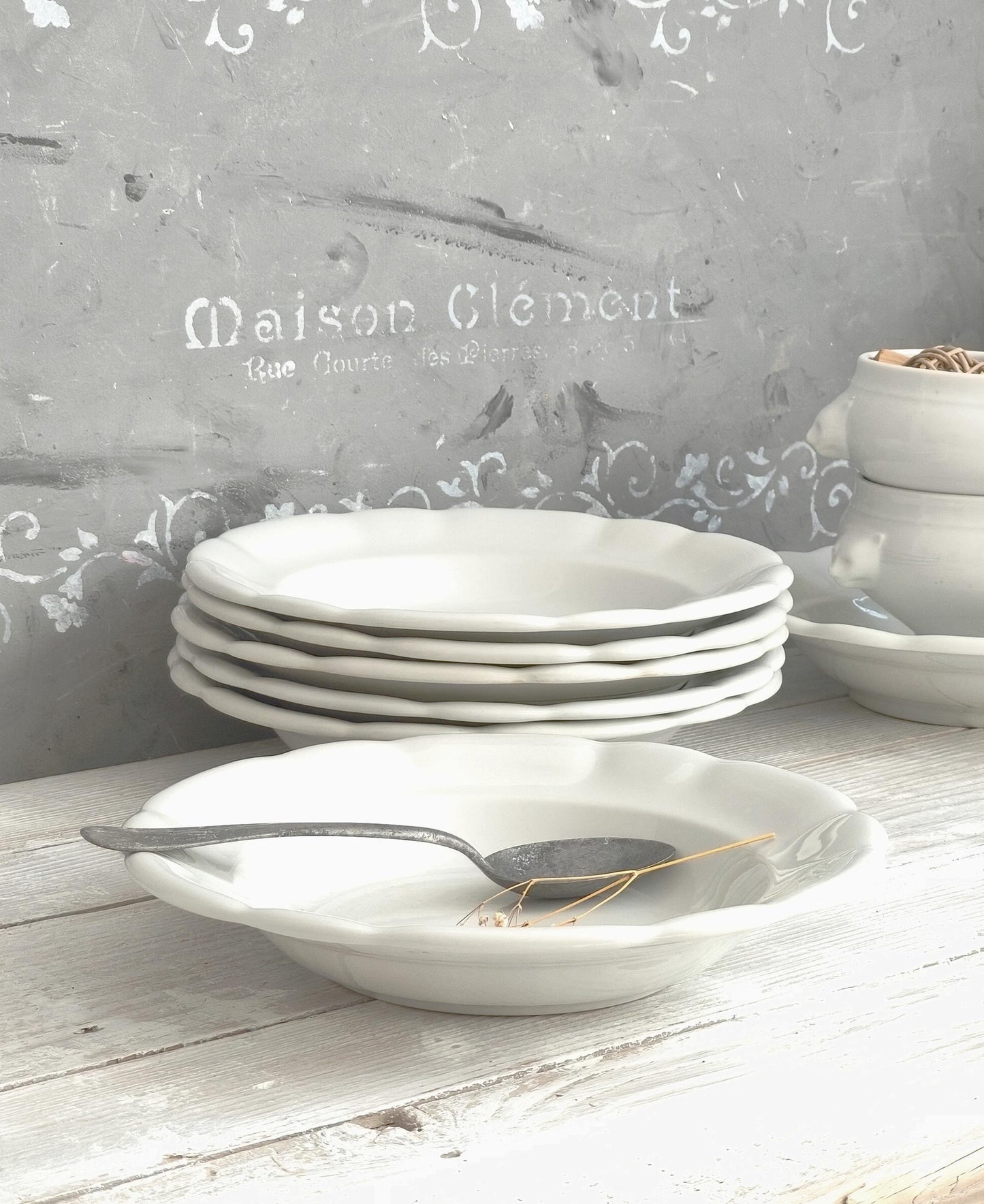 6 Antique Tea Stained Ironstone Soup Bowls or Set 4 Dinner Plates: Creamware Pasta Dish, Shallow Bowl, Cottagecore Kitchen
