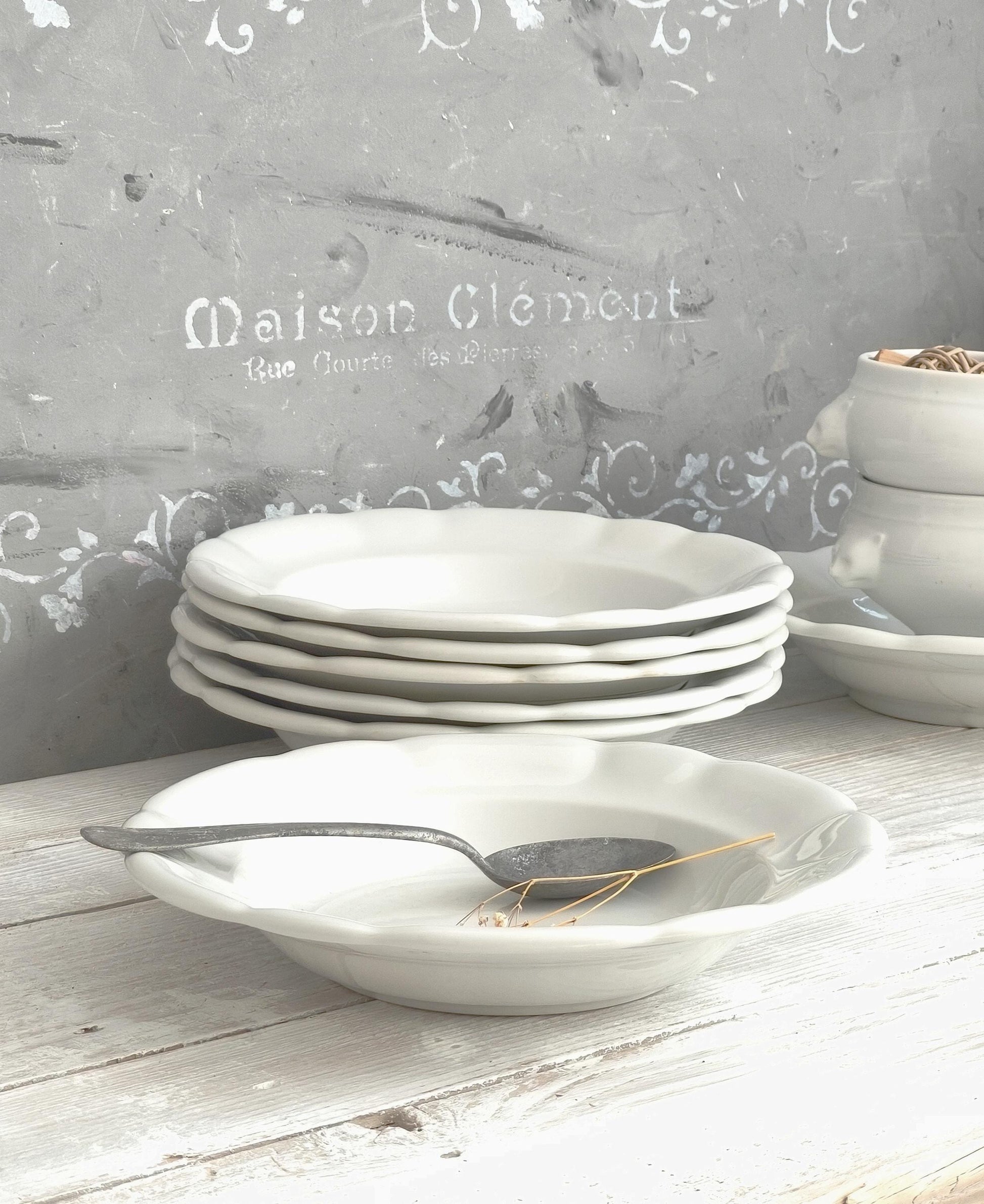 6 Antique Tea Stained Ironstone Soup Bowls or Set 4 Dinner Plates: Creamware Pasta Dish, Shallow Bowl, Cottagecore Kitchen