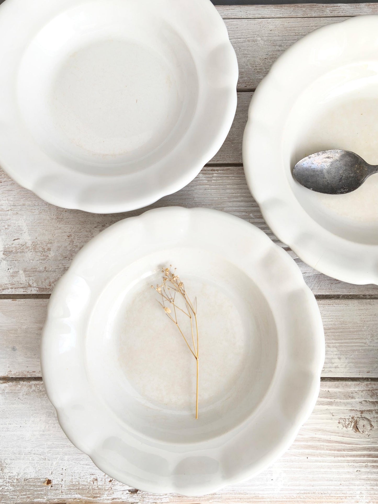6 Antique Tea Stained Ironstone Soup Bowls or Set 4 Dinner Plates: Creamware Pasta Dish, Shallow Bowl, Cottagecore Kitchen