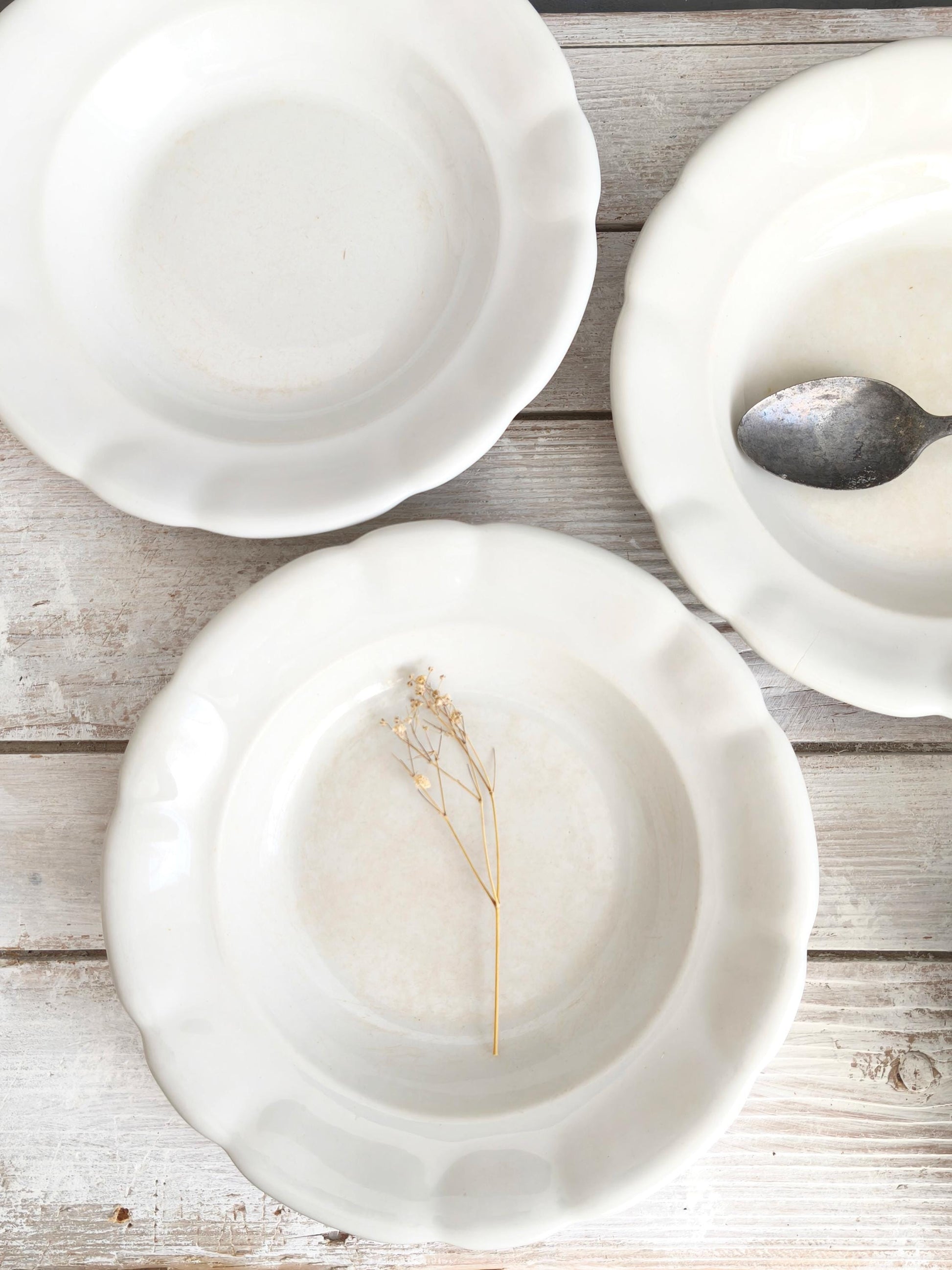 6 Antique Tea Stained Ironstone Soup Bowls or Set 4 Dinner Plates: Creamware Pasta Dish, Shallow Bowl, Cottagecore Kitchen