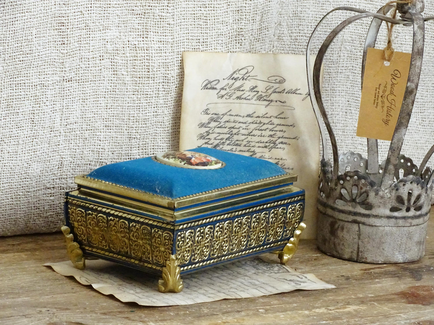 Gold Blue Tin Cameo Jewelry Box Velvet Lid, Ornate Ring Trinket Box, Small Decorative Tin Footed Box, Metal Jewelry Storage Box