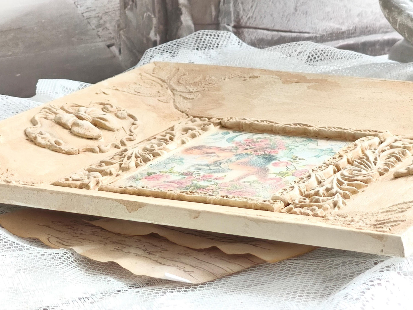 Putty Angel Cherub Wall Panel, French Decor, Cherub Picture, Shabby Chic Decor, Ornate Antique Style Cherub Wall Plaque