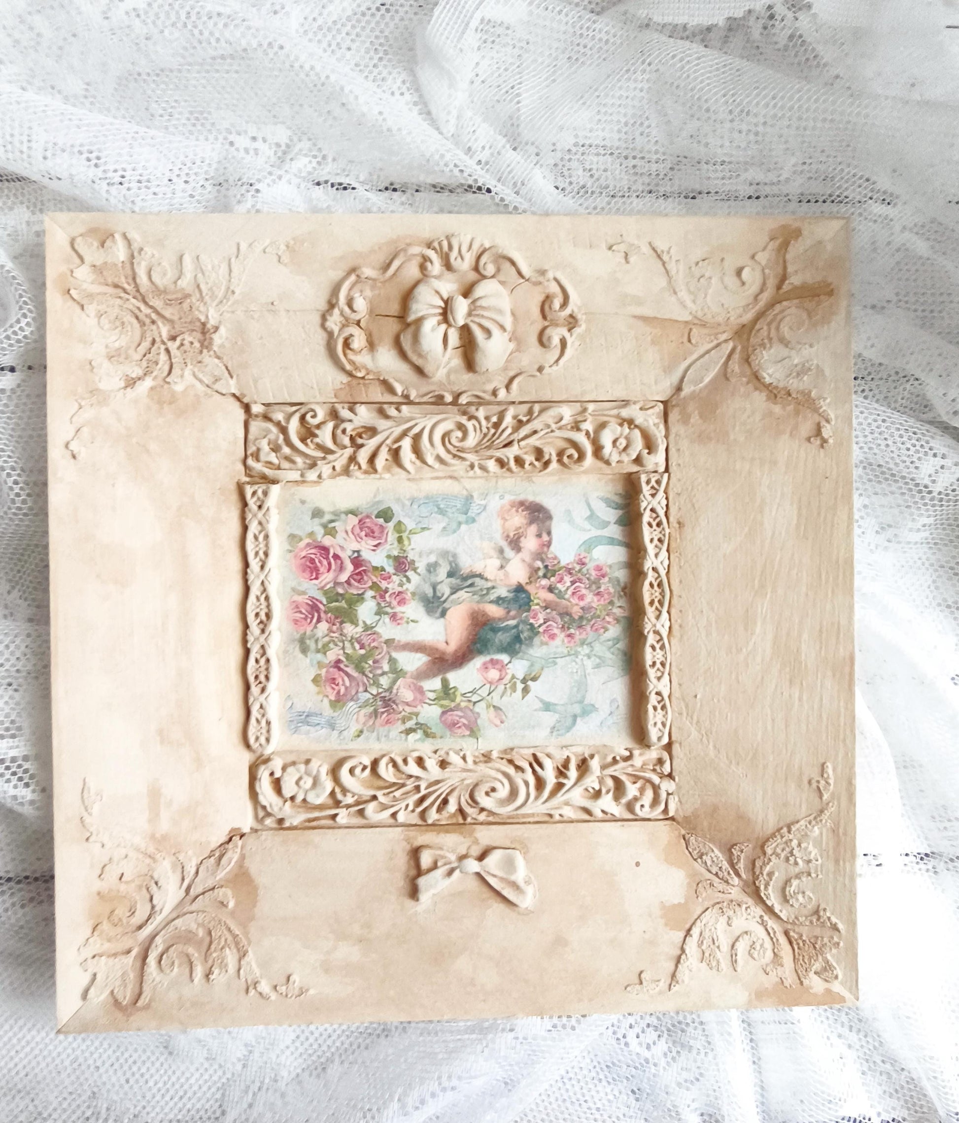 Putty Angel Cherub Wall Panel, French Decor, Cherub Picture, Shabby Chic Decor, Ornate Antique Style Cherub Wall Plaque