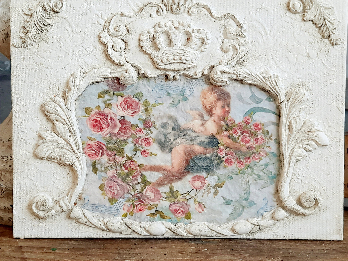 Putty Angel Cherub Wall Panel, French Decor, Cherub Picture, Shabby Chic Decor, Ornate Antique Style Cherub Wall Plaque