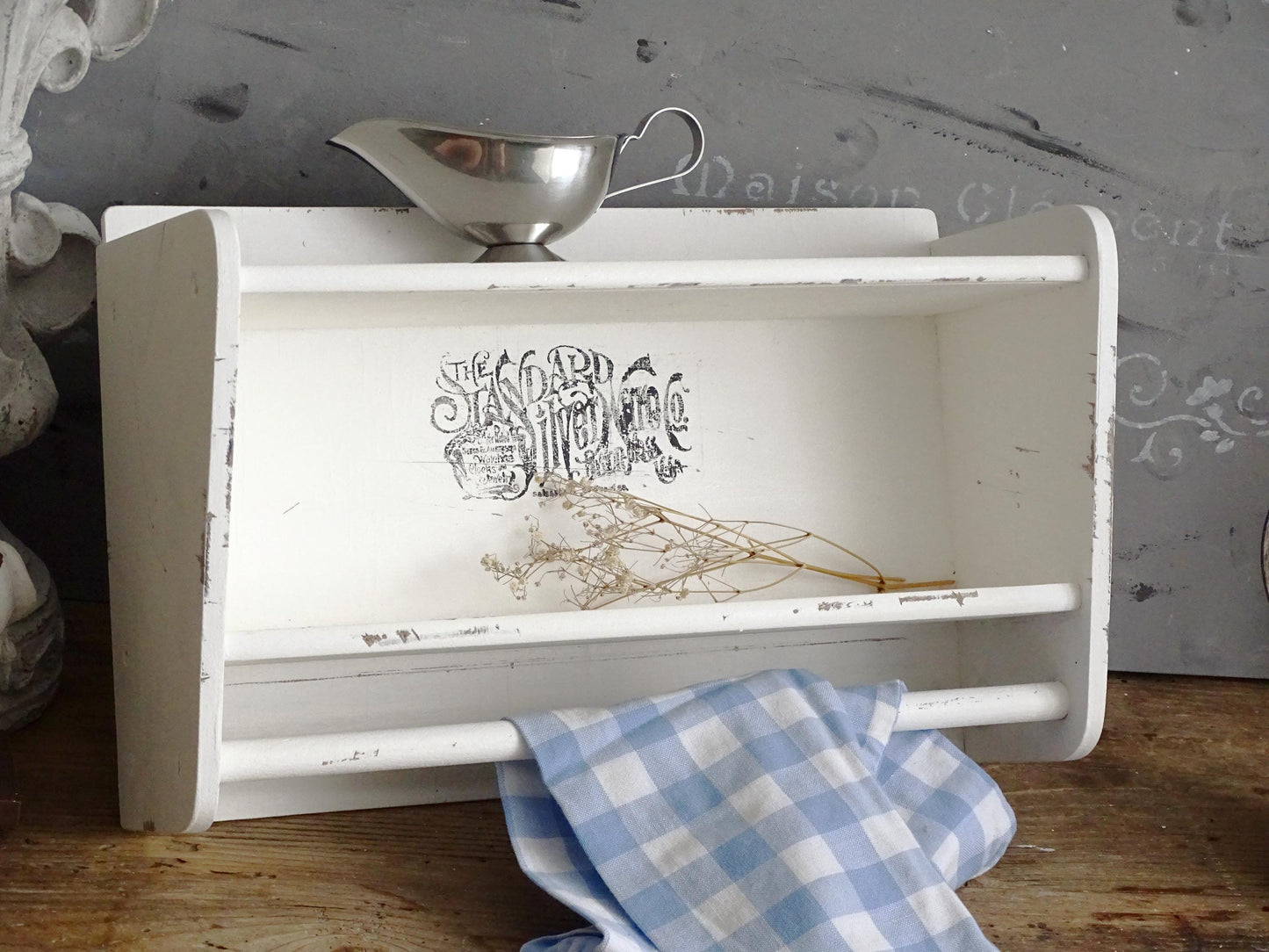 White Wood Mug Shelf, Rack, Mug Holder, Coffee Tea Cup Station 2 tier Shelf, Mini Trinket Display, Double Kitchen Floating Shelf Towel Bar