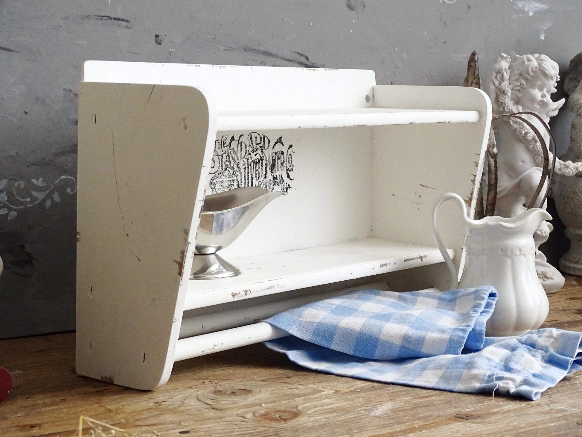 White Wood Mug Shelf, Rack, Mug Holder, Coffee Tea Cup Station 2 tier Shelf, Mini Trinket Display, Double Kitchen Floating Shelf Towel Bar