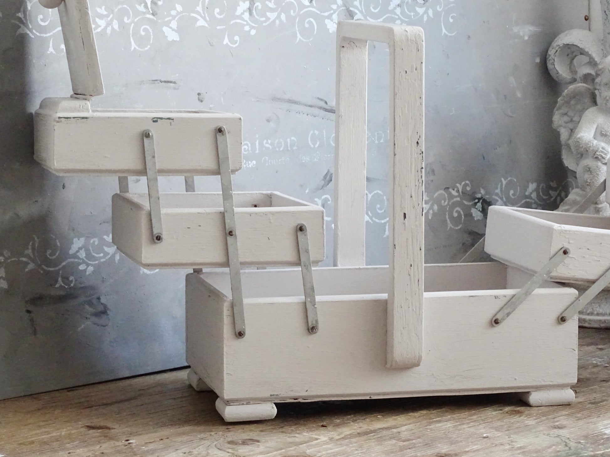 Antique Large Accordion Sewing Box: Shabby Chic Off White Wood Expandable Storage