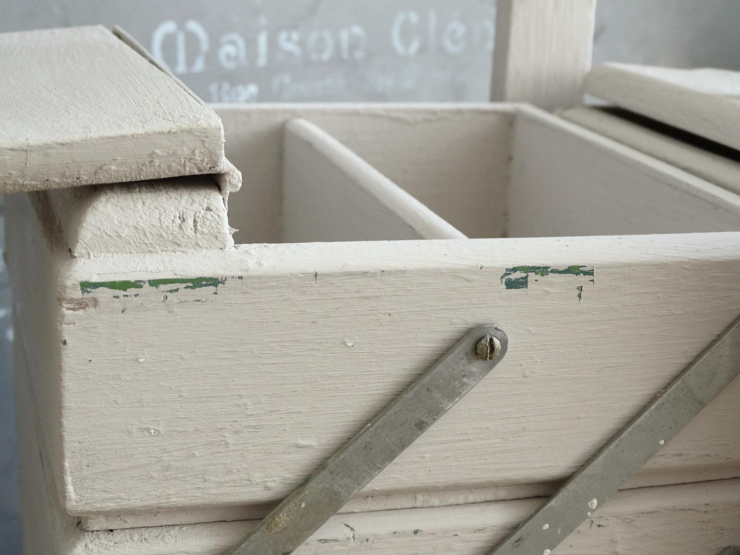 Antique Large Accordion Sewing Box: Shabby Chic Off White Wood Expandable Storage