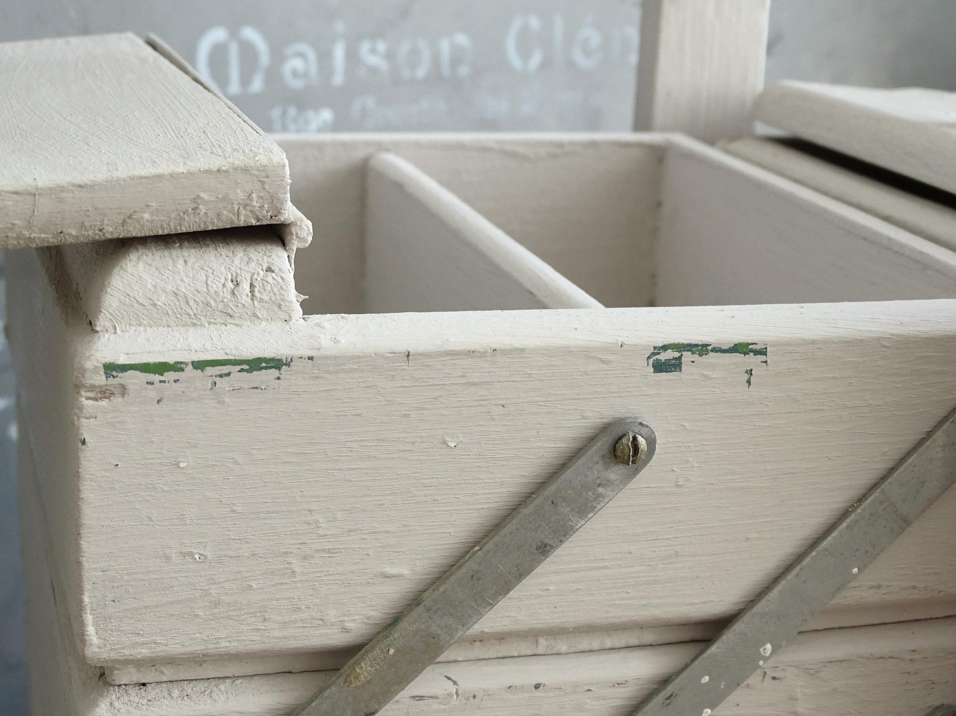 Antique Large Accordion Sewing Box: Shabby Chic Off White Wood Expandable Storage