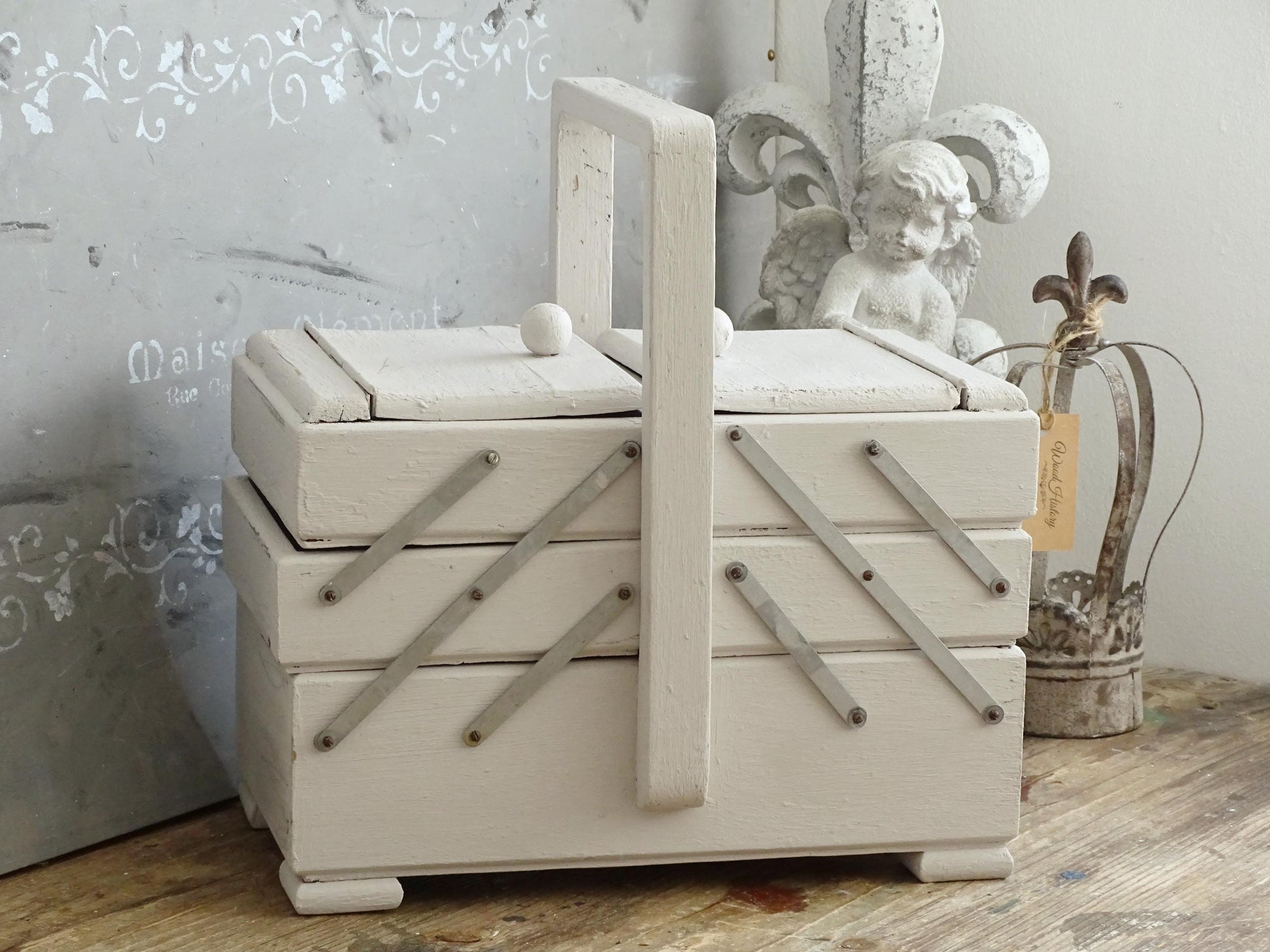 Antique Large Accordion Sewing Box: Shabby Chic Off White Wood Expandable Storage