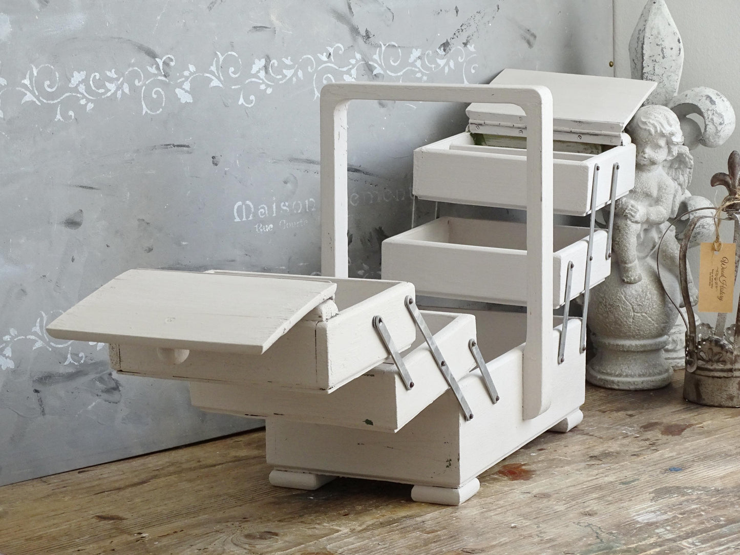 Antique Large Accordion Sewing Box: Shabby Chic Off White Wood Expandable Storage