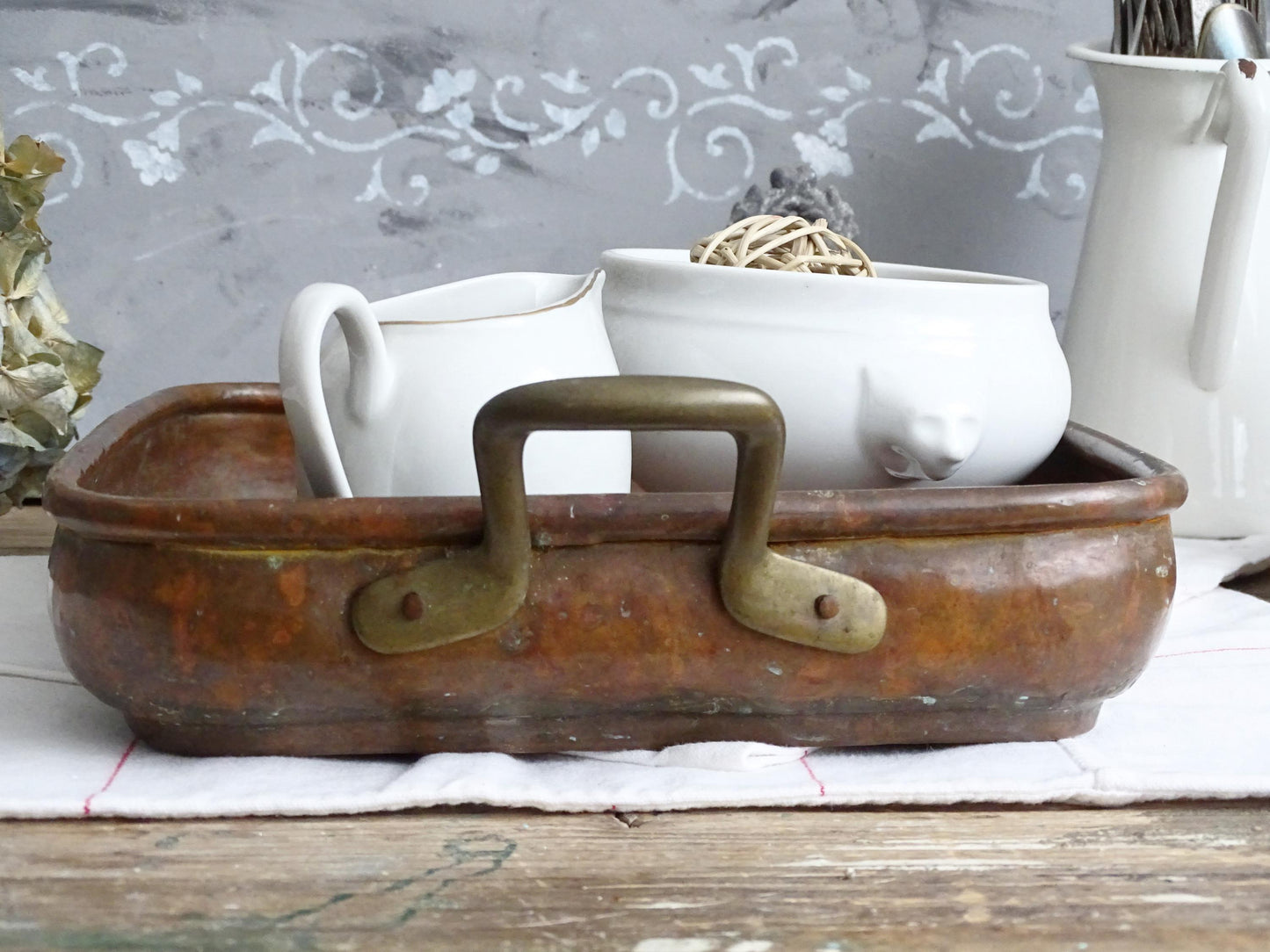 Hammered Copper Roasting Pan, Brass Handles, Rustic Farmhouse Serving Tray