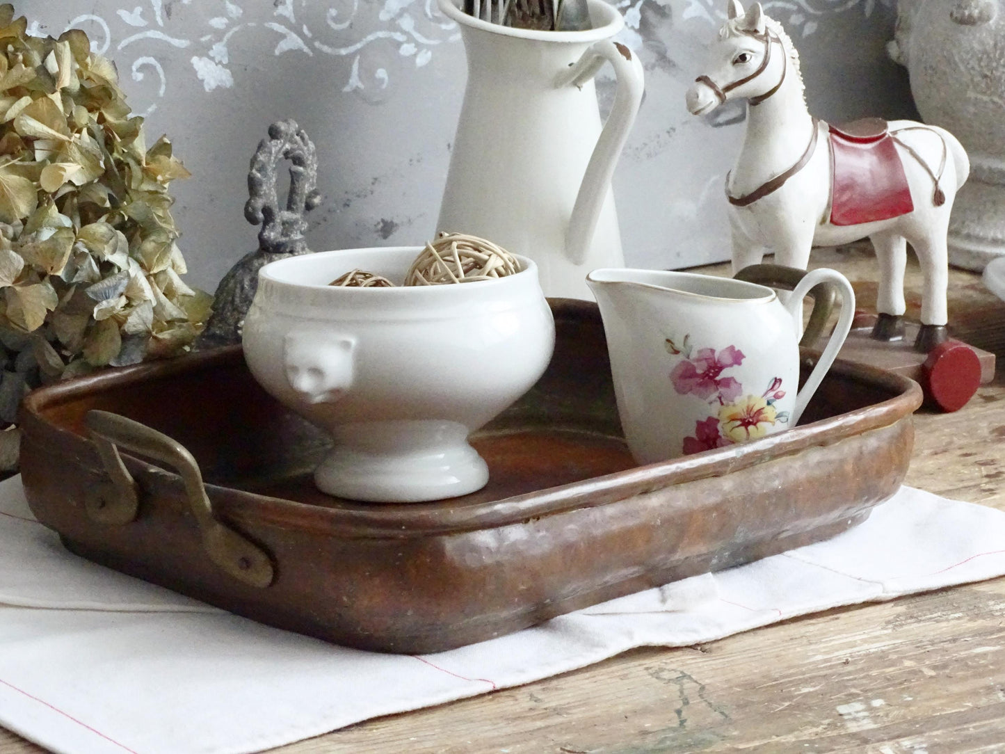 Hammered Copper Roasting Pan, Brass Handles, Rustic Farmhouse Serving Tray
