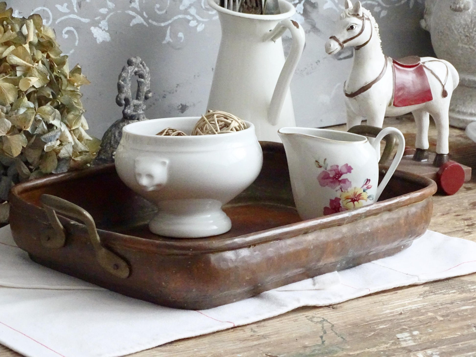 Hammered Copper Roasting Pan, Brass Handles, Rustic Farmhouse Serving Tray