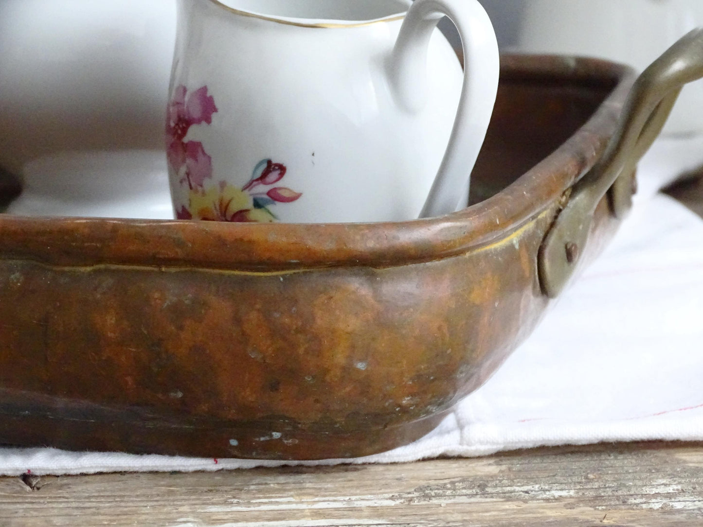 Hammered Copper Roasting Pan, Brass Handles, Rustic Farmhouse Serving Tray