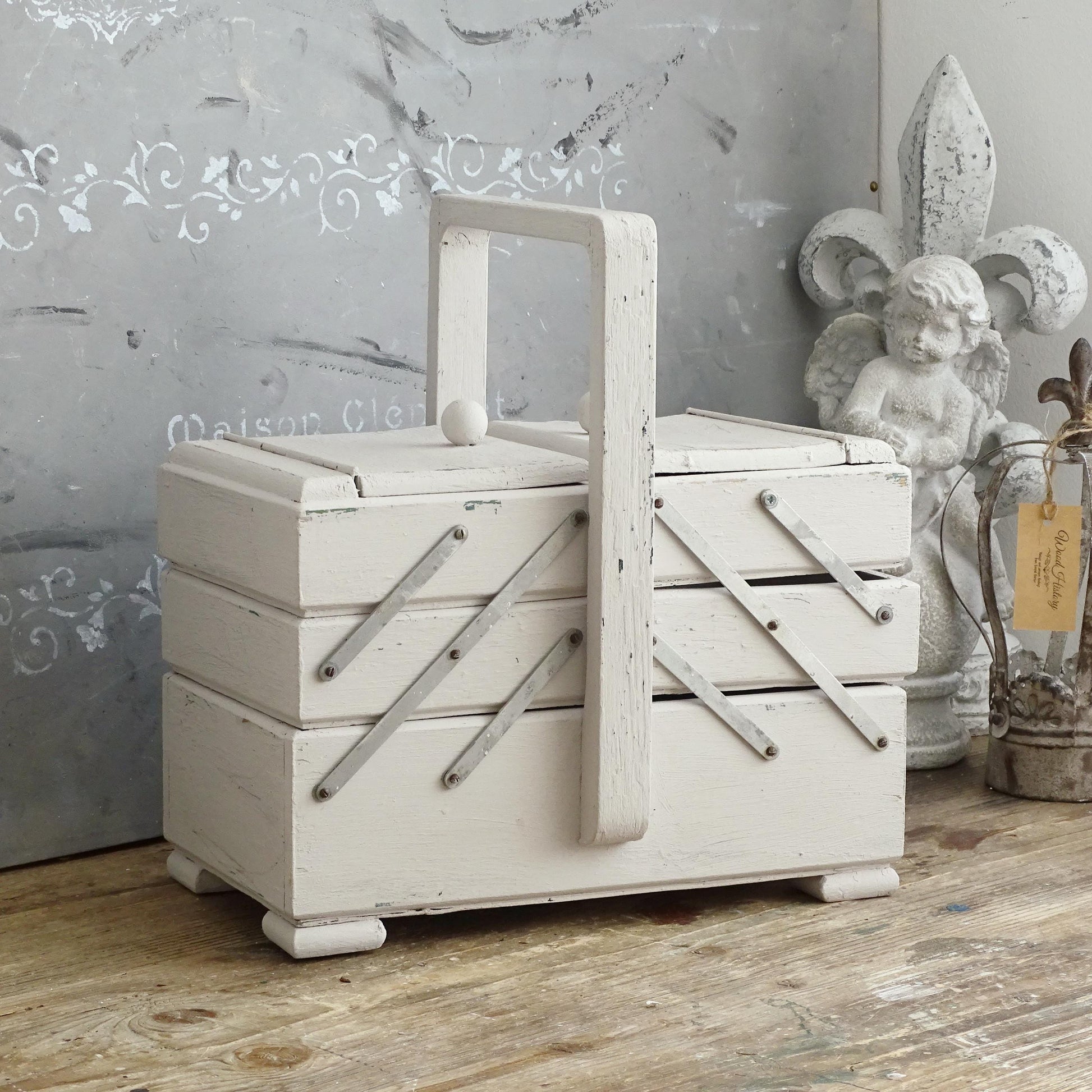 Antique Large Accordion Sewing Box: Shabby Chic Off White Wood Expandable Storage