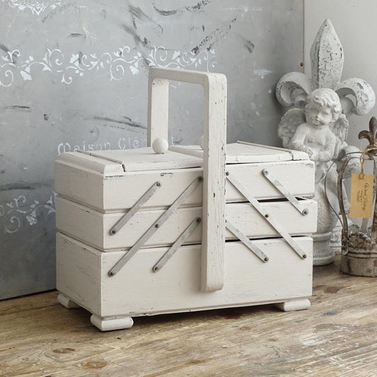 Antique Large Accordion Sewing Box: Shabby Chic Off White Wood Expandable Storage