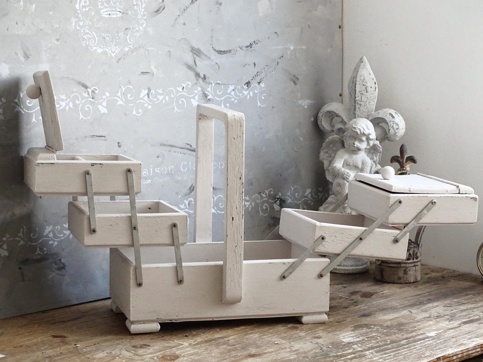 Antique Large Accordion Sewing Box: Shabby Chic Off White Wood Expandable Storage