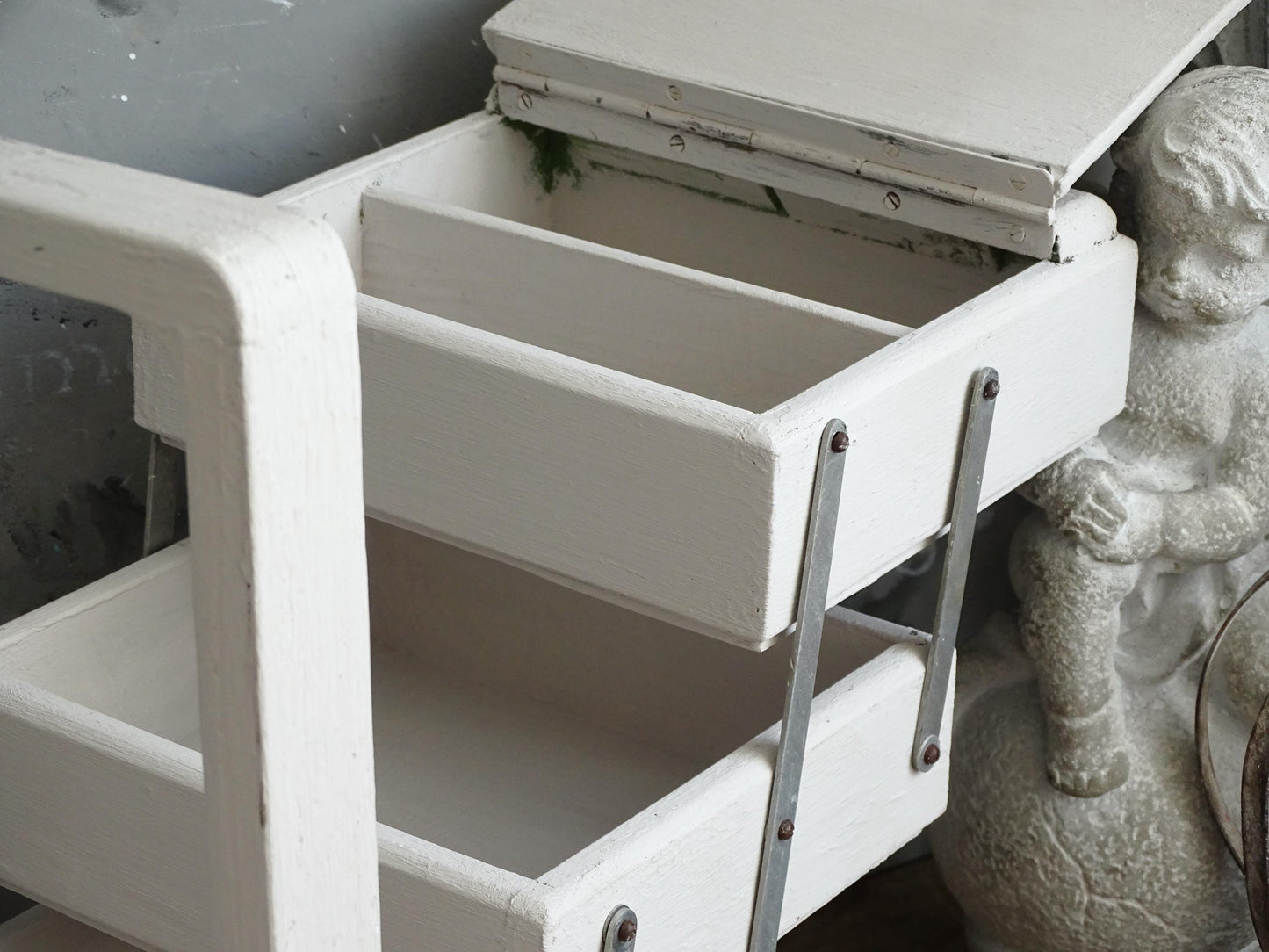 Antique Large Accordion Sewing Box: Shabby Chic Off White Wood Expandable Storage
