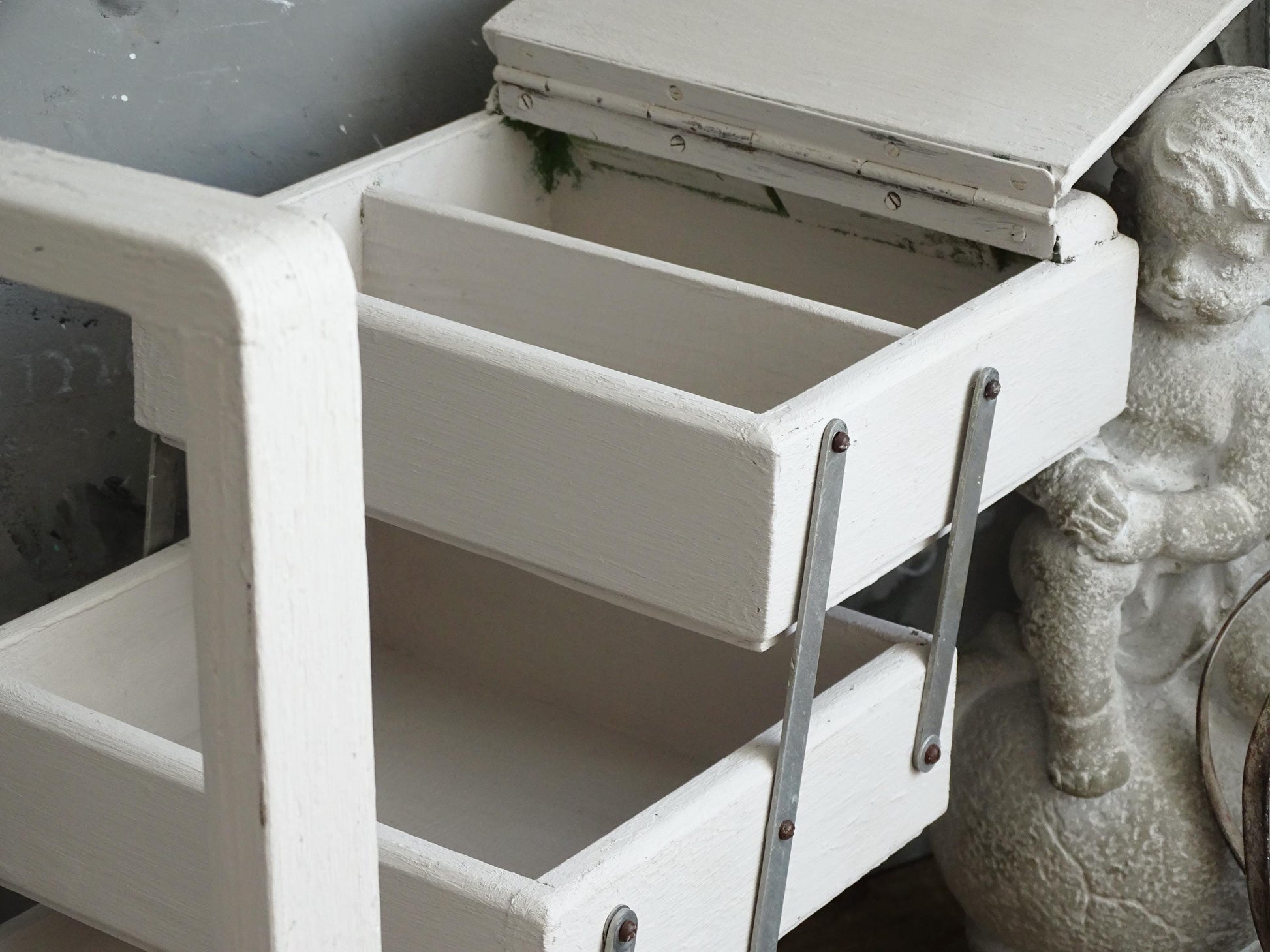 Antique Large Accordion Sewing Box: Shabby Chic Off White Wood Expandable Storage