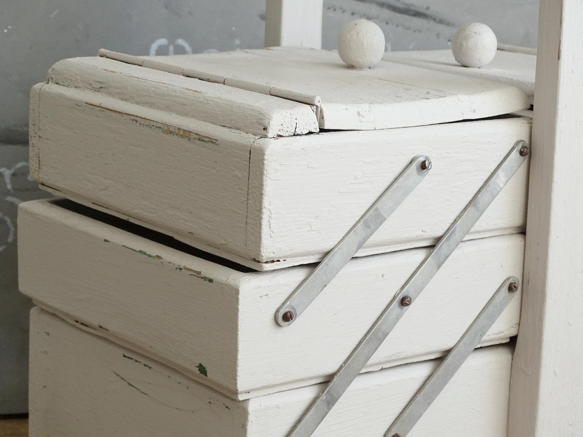 Antique Large Accordion Sewing Box: Shabby Chic Off White Wood Expandable Storage