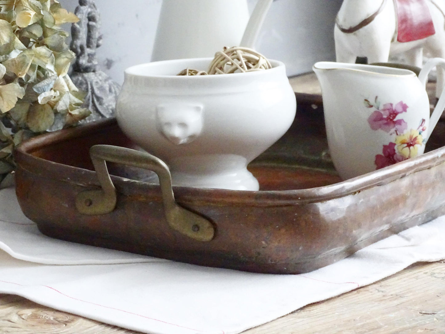 Hammered Copper Roasting Pan, Brass Handles, Rustic Farmhouse Serving Tray